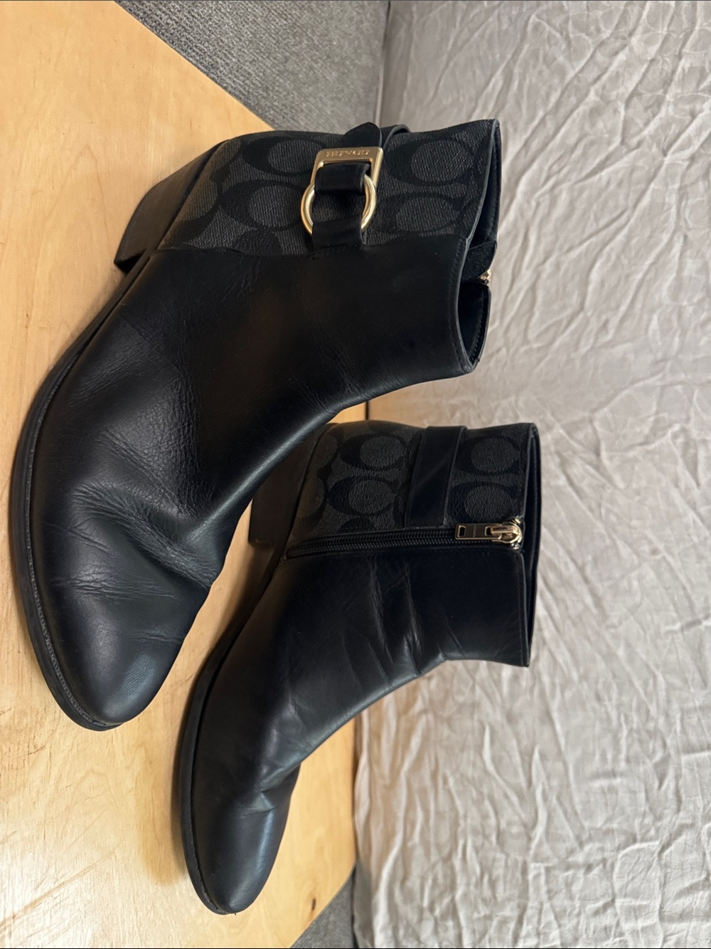 Black Coach Ankle Boots with Signature Print and Gold Buckle